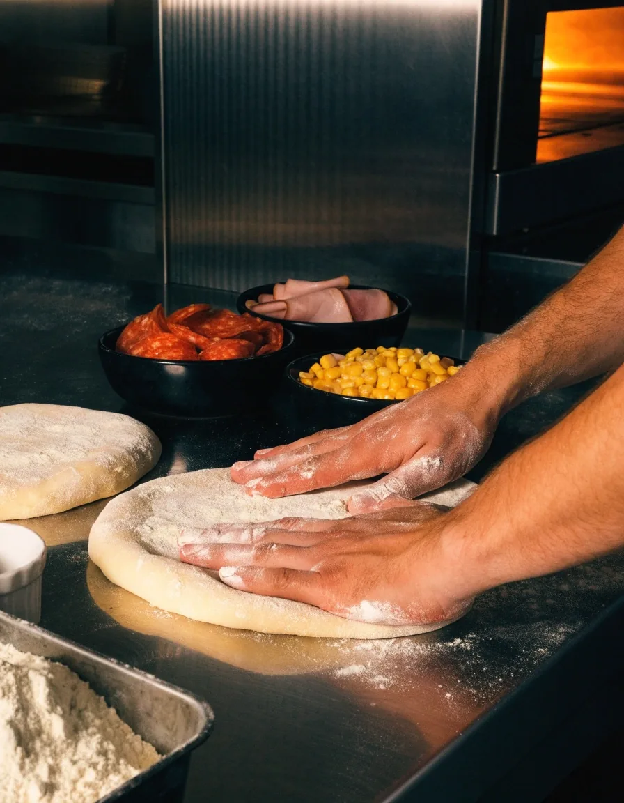 Két pizzatészta egymás mellett lisztezett acél munkalapon, magyaros feltétekkel