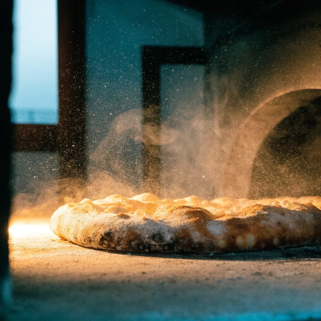 Vastag pizzatészta pereme sütés közben köves kemence alján