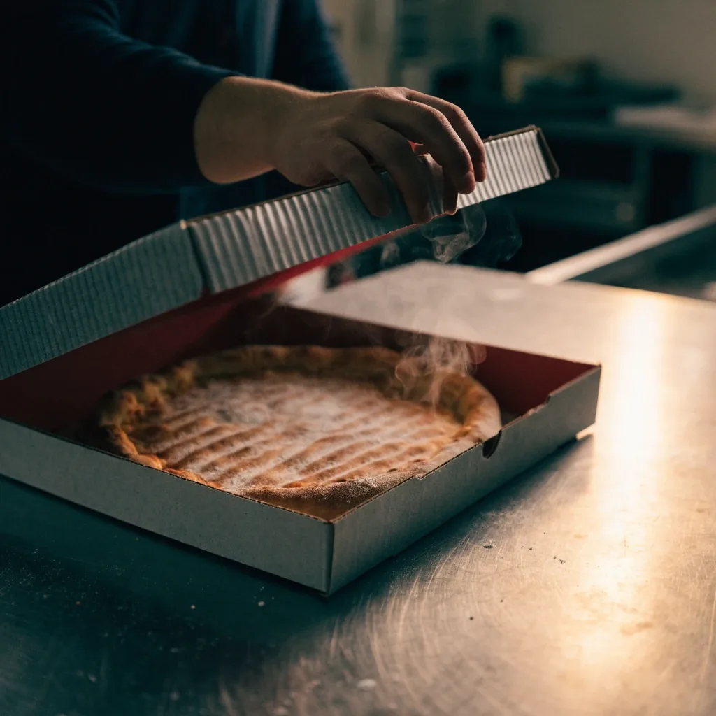 Kéz nyitja a zárt pizzás dobozt a pulton, gőz száll fel a peremről