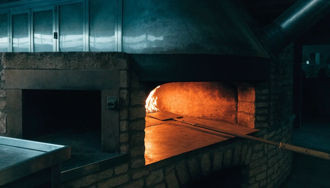 Kőkemence nyitott szája hajnali fényben a Pizza Forte konyhájában