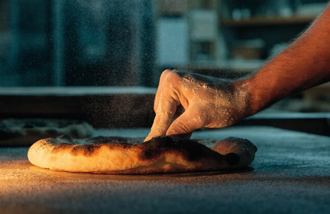 Vastag pizza tésztaperem sütése köves kemence alján, elszenesedett hólyagokkal a peremen