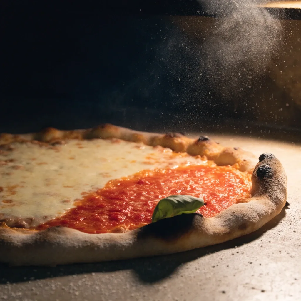 Klasszikus olaszos pizza süt a kőlapon, bazsalikomlevéllel a szélén