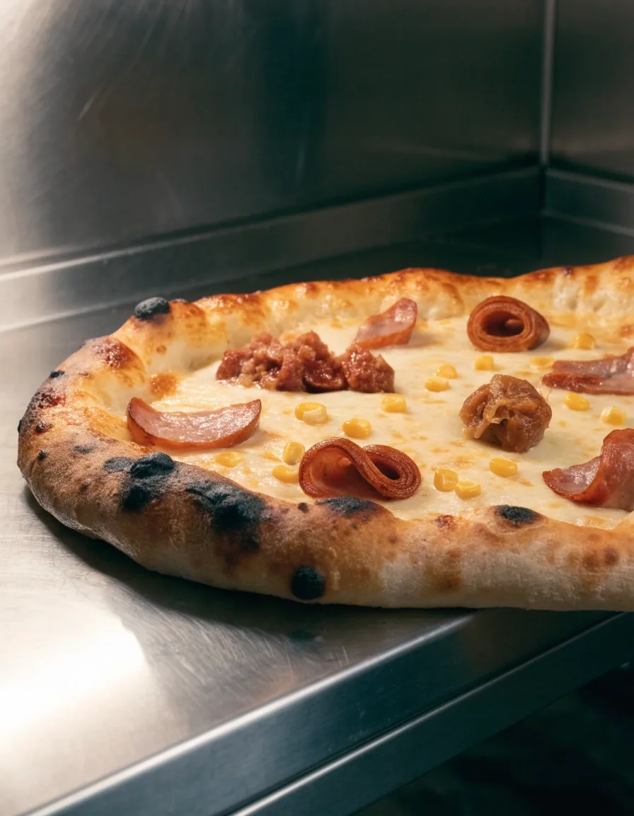 Vastag tésztás magyaros pizza szalámival, kolbásszal és kukoricával a sütőlapon