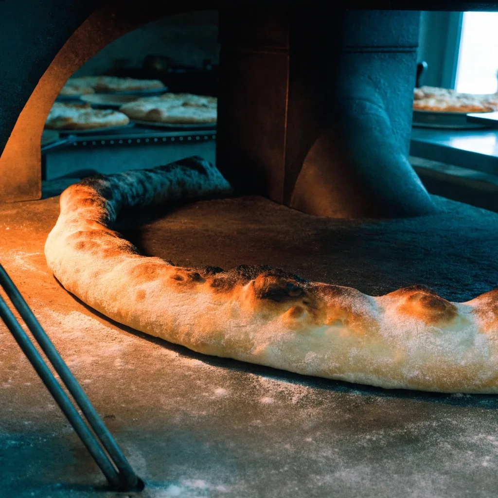 Thick pizza crust edge baking on a stone oven floor with charred blisters and flour dust in the warm glow